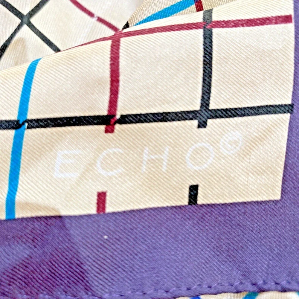 NWT Echo Silk Scarf Neckerchief Sq 22” Blue Beige Multicolor Plaid Check Classic